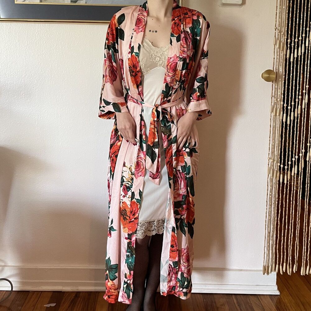 Pink Floral Satin Robe Size S Lounge Housecoat